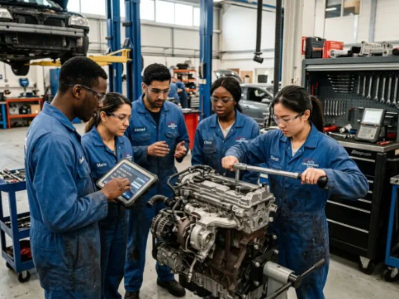 Diploma in Automobile Engineering students working on car engine in workshop learning vehicle systems